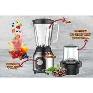 Blender cu rasnita, Hausberg HB-7762, doua viteze cu pulsatii, recipient sticla 1.5 L, 600 W